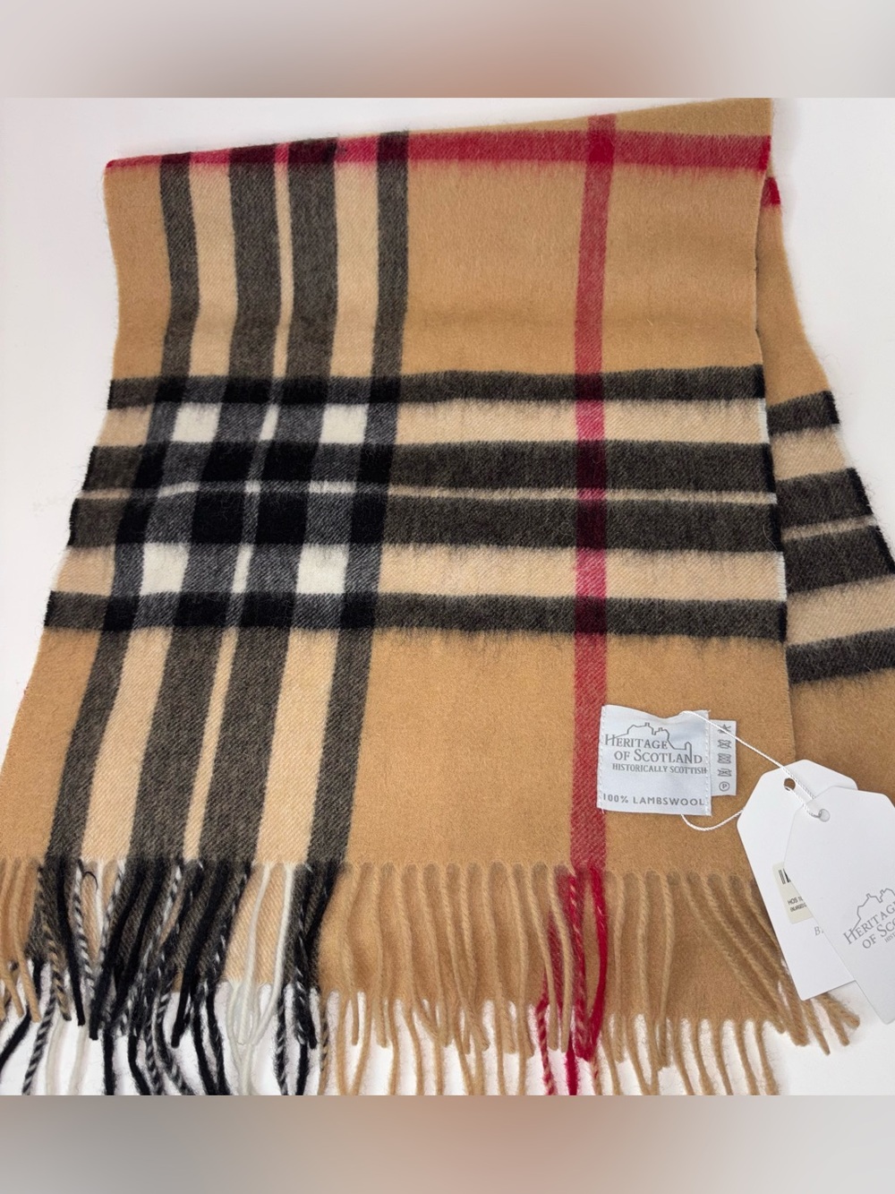 Heritage of Scotland 100% Lambswool Scarf Camel Check Plaid NWT 14" x 70"